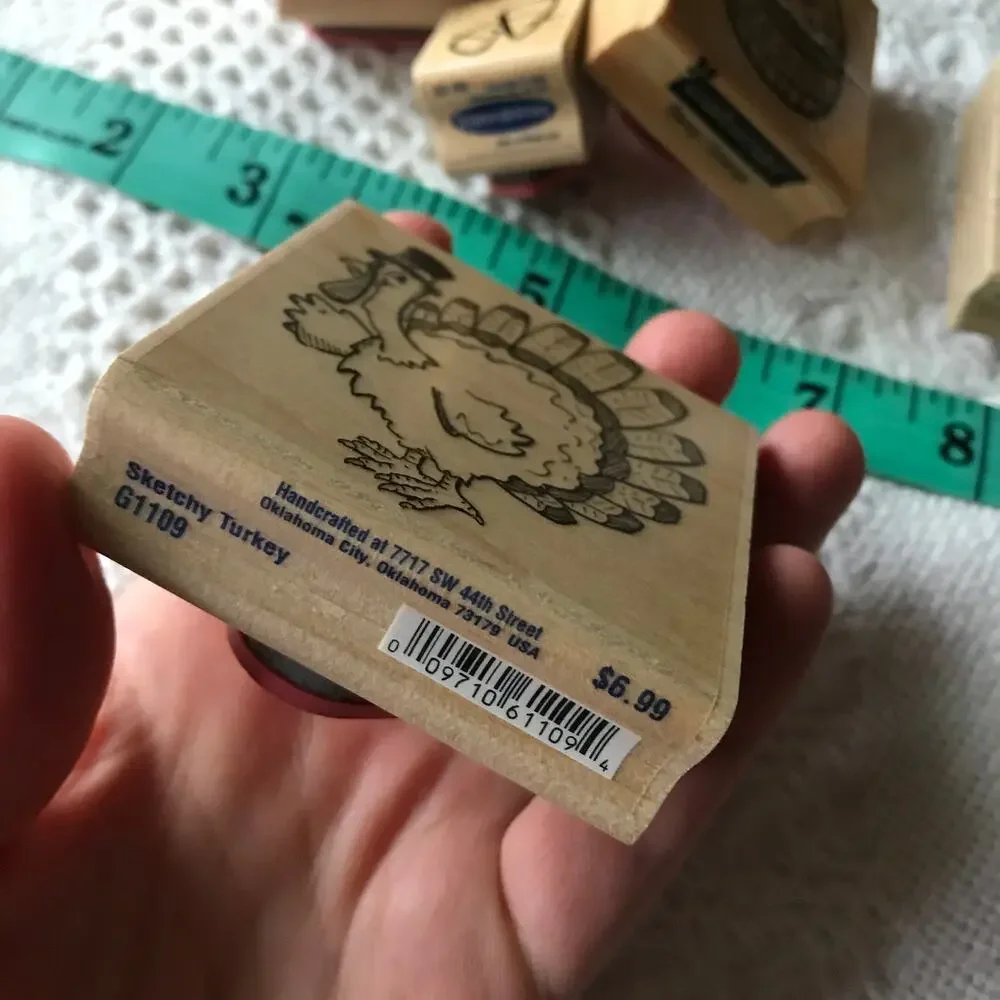 Pre-owned Wood-backed Rubber Stamp Holiday Lot of 8 stamps turkey birthday more
